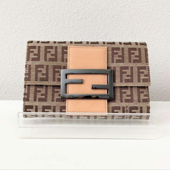 Fendi Handbags - Fendi Brown Monogram Canvas Wallet with Peach Leather Accent